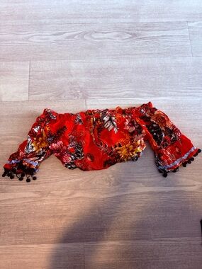 Red Floral Off-Shoulder Crop Top with Pom Trim